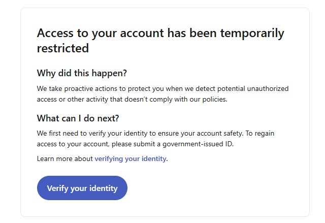 Mensaje de LinkedIn: el acceso a tu cuenta se ha restringido temporalmente — para recuperar el acceso, presenta un documento de identidad oficial. Botón: Verifica tu identidad